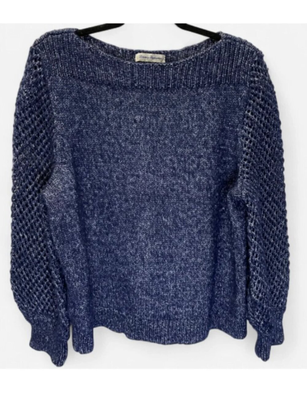 Tommy Bahama Shimmer Open Knit Balloon Sleeve Sweater Bateau Blue XL Sparkle